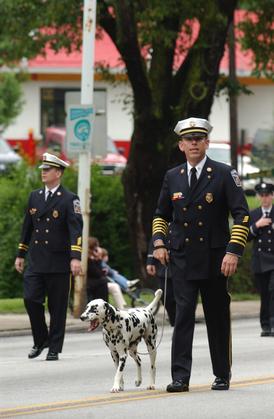 Chief Block and Lucky marching in Bryn Mawr Fire Company's Parade